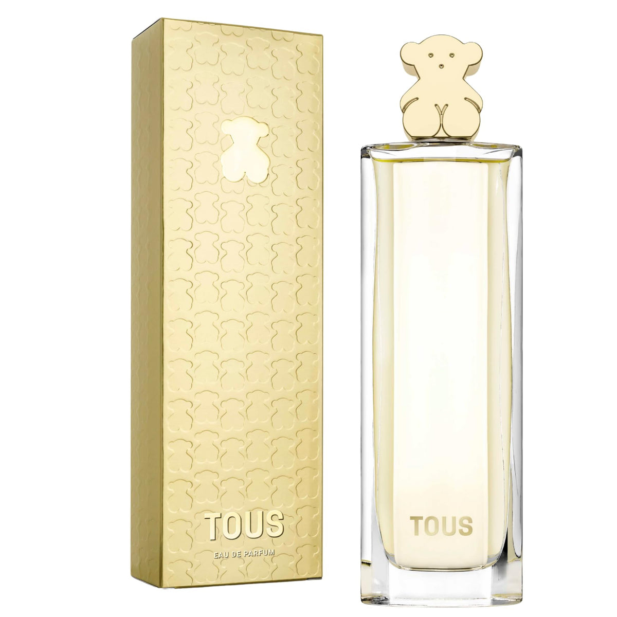 TOUS Eau de Parfum bottle closeup with gold cap for a luxurious, long-lasting scent