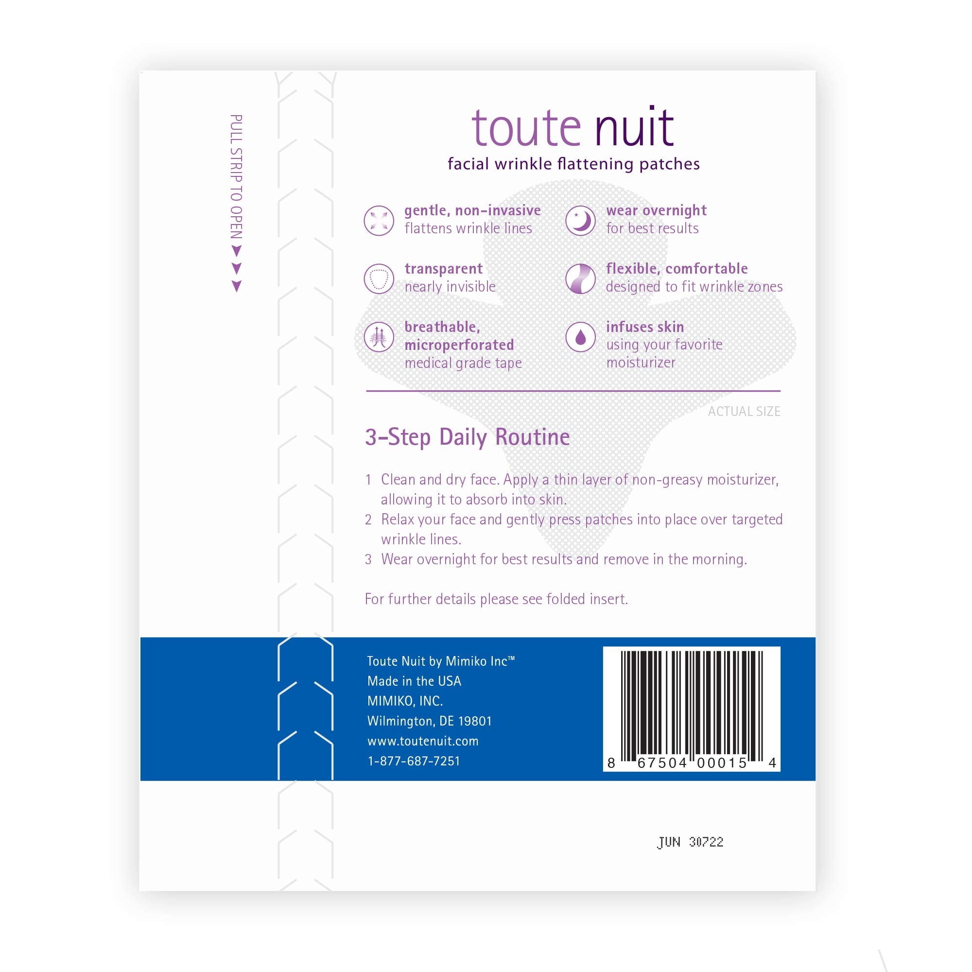 Toute Nuit Wrinkle Patches Jet patch on forehead closeup demonstrates transparent, skin-safe design.