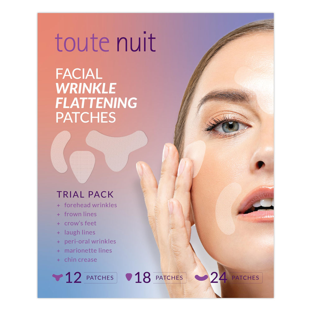 Toute Nuit Wrinkle Patches packaging showcases the trial pack for at-home wrinkle testing.