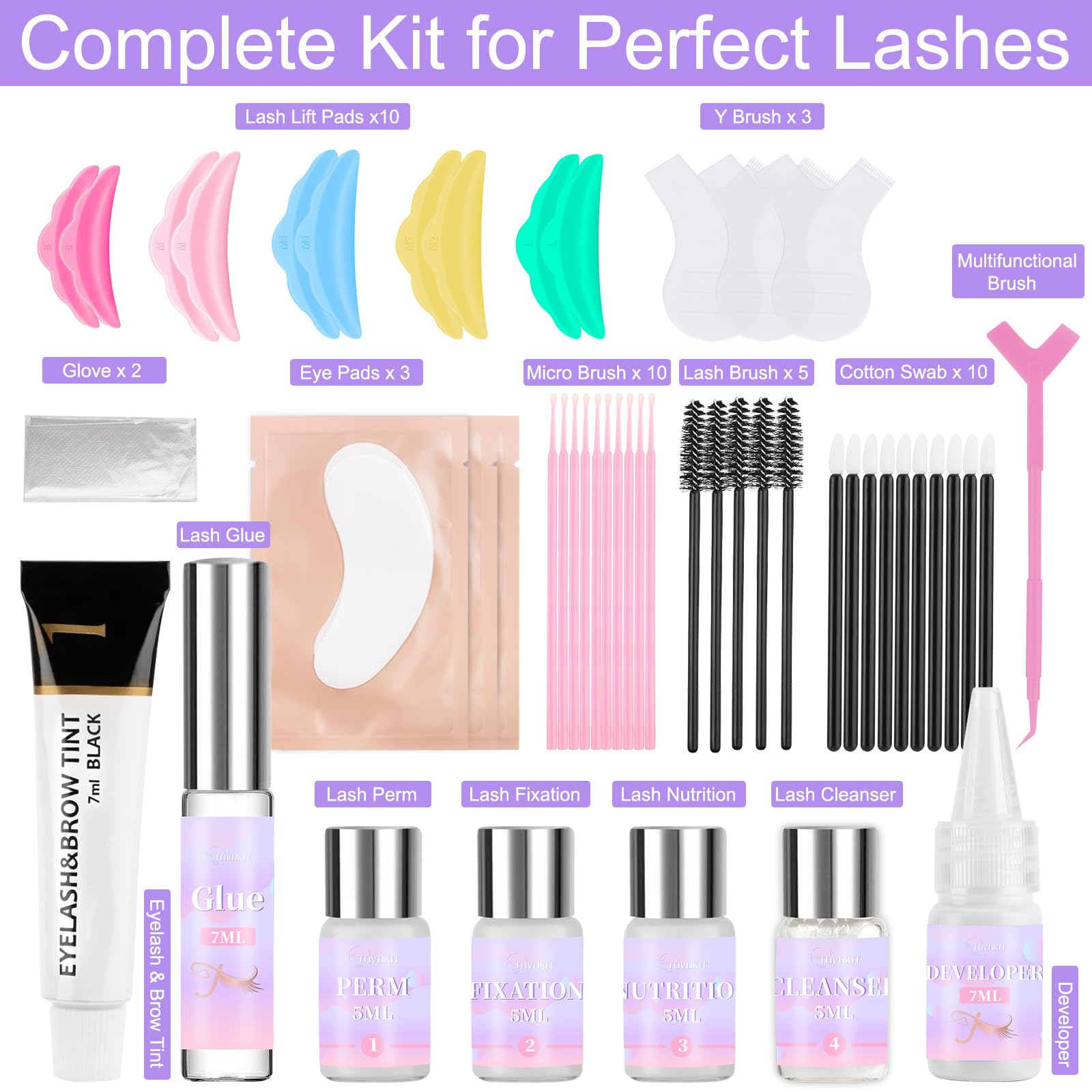 Tovokit lash lift kit instruction card with clear steps for DIY lash lift.
