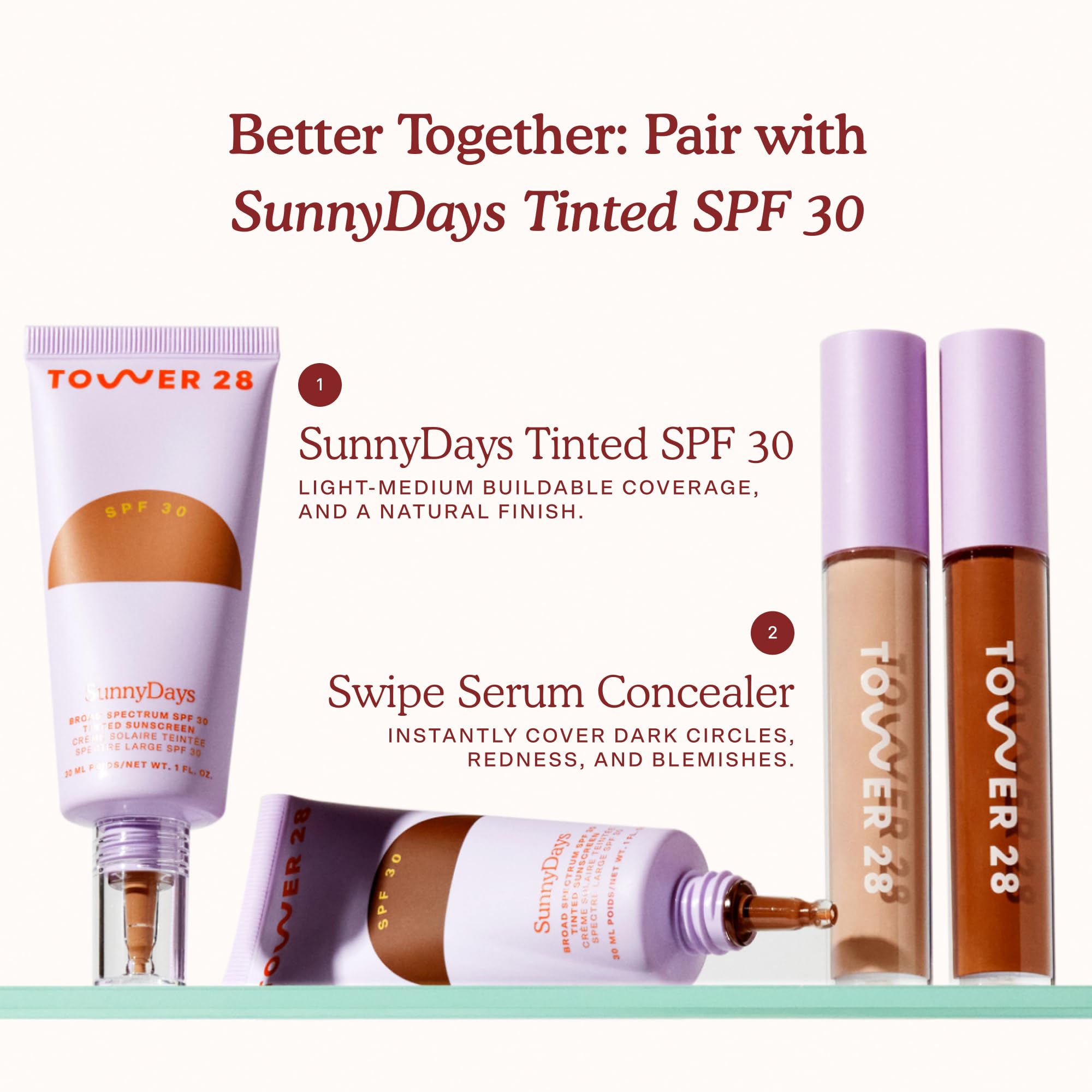 Tower 28 Swipe Serum Concealer ingredients graphic highlights skin care