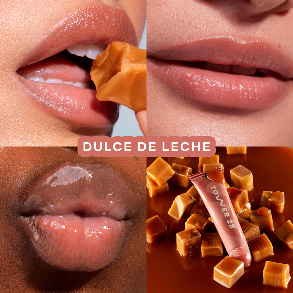 Tower 28 LipSoftie sheer nude tint swatch showing natural color and moisture
