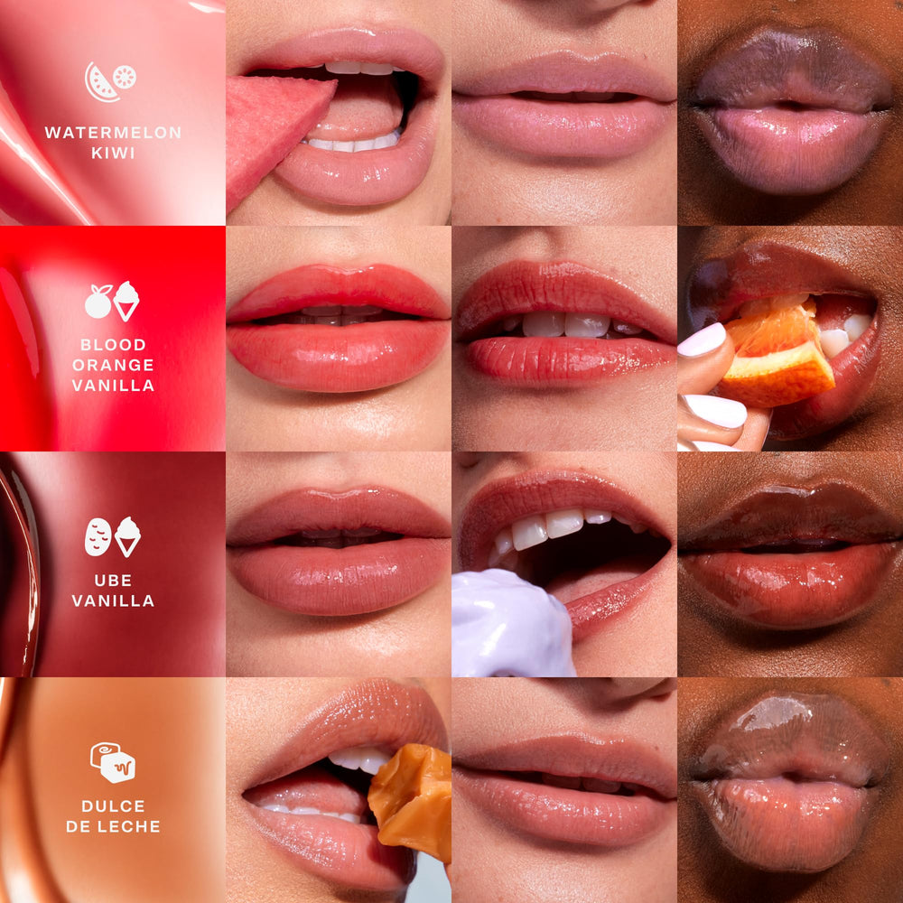 Tower 28 LipSoftie sheer pink tint on lips with food-grade flavor
