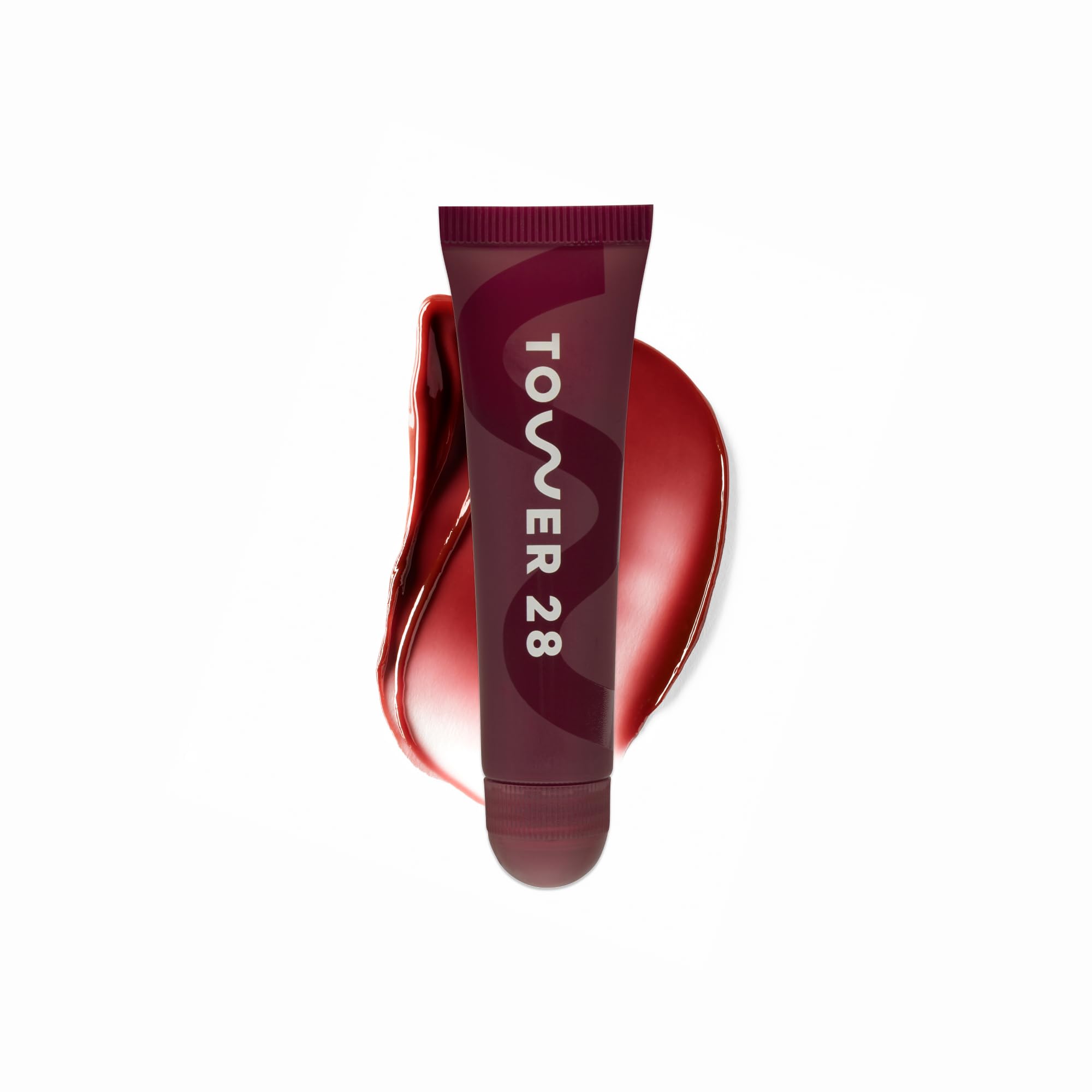 Tower 28 LipSoftie tinted balm tube application for instant hydration and sheer burgundy tint.