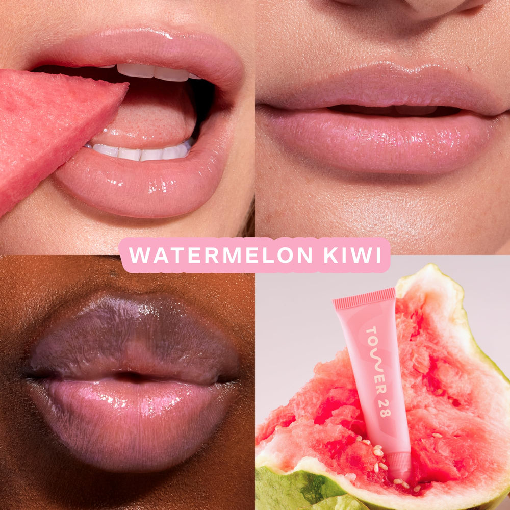 Tower 28 LipSoftie Watermelon Kiwi swatch showing sheer pink gloss hue