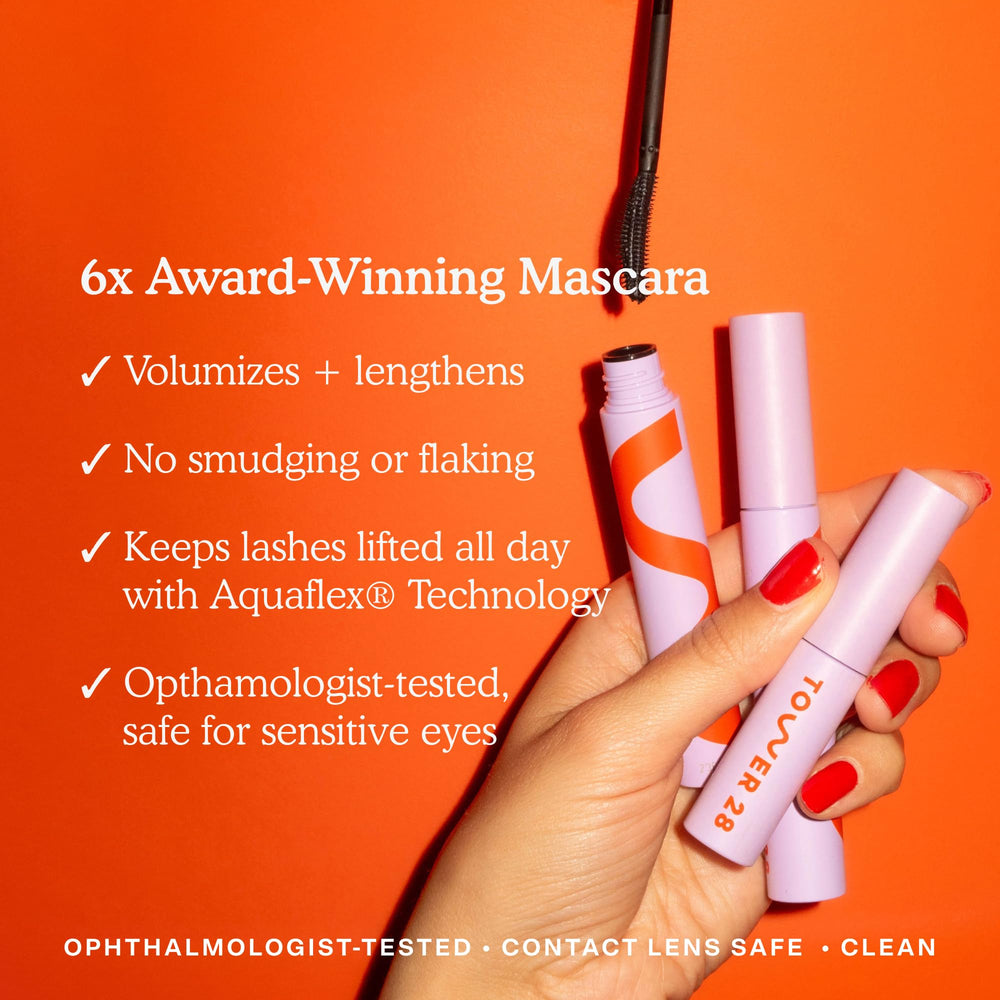 Tower 28 Mascara lashes lengthened and volumized with Aquaflex technology.
