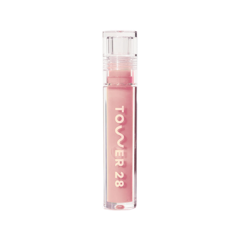 Tower 28 ShineOn Lip Jelly OAT gloss swirl showcases milky pink color and glossy texture for everyday wear