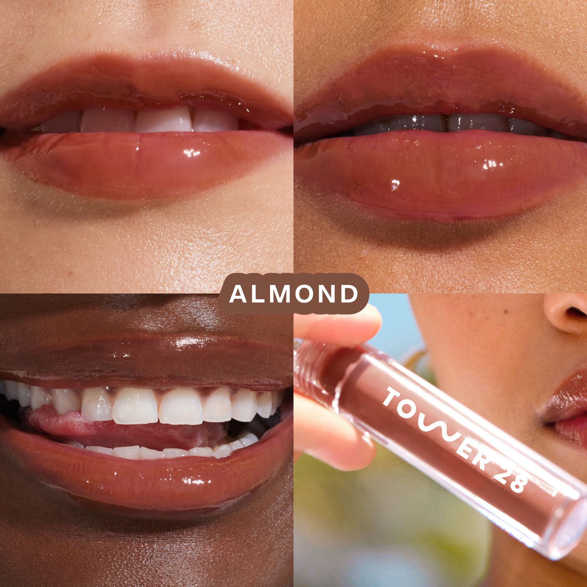 Tower 28 ShineOn Milky Lip Jelly Almond wand application highlights smooth, non-sticky gloss.