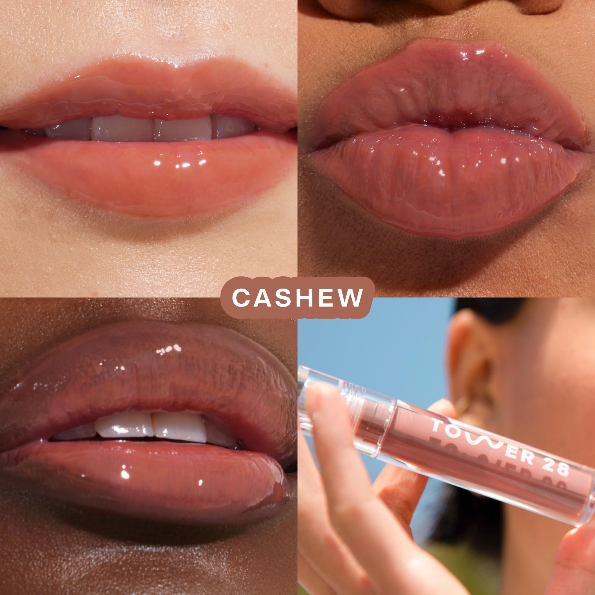 Tower 28 ShineOn Milky Lip Jelly Cashew swatch shows milky rosy brown color.