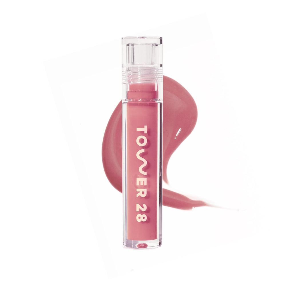 Tower 28 ShineOn Milky Lip Jelly Pistachio swatches reveal hydration-ready nude-pink shade.