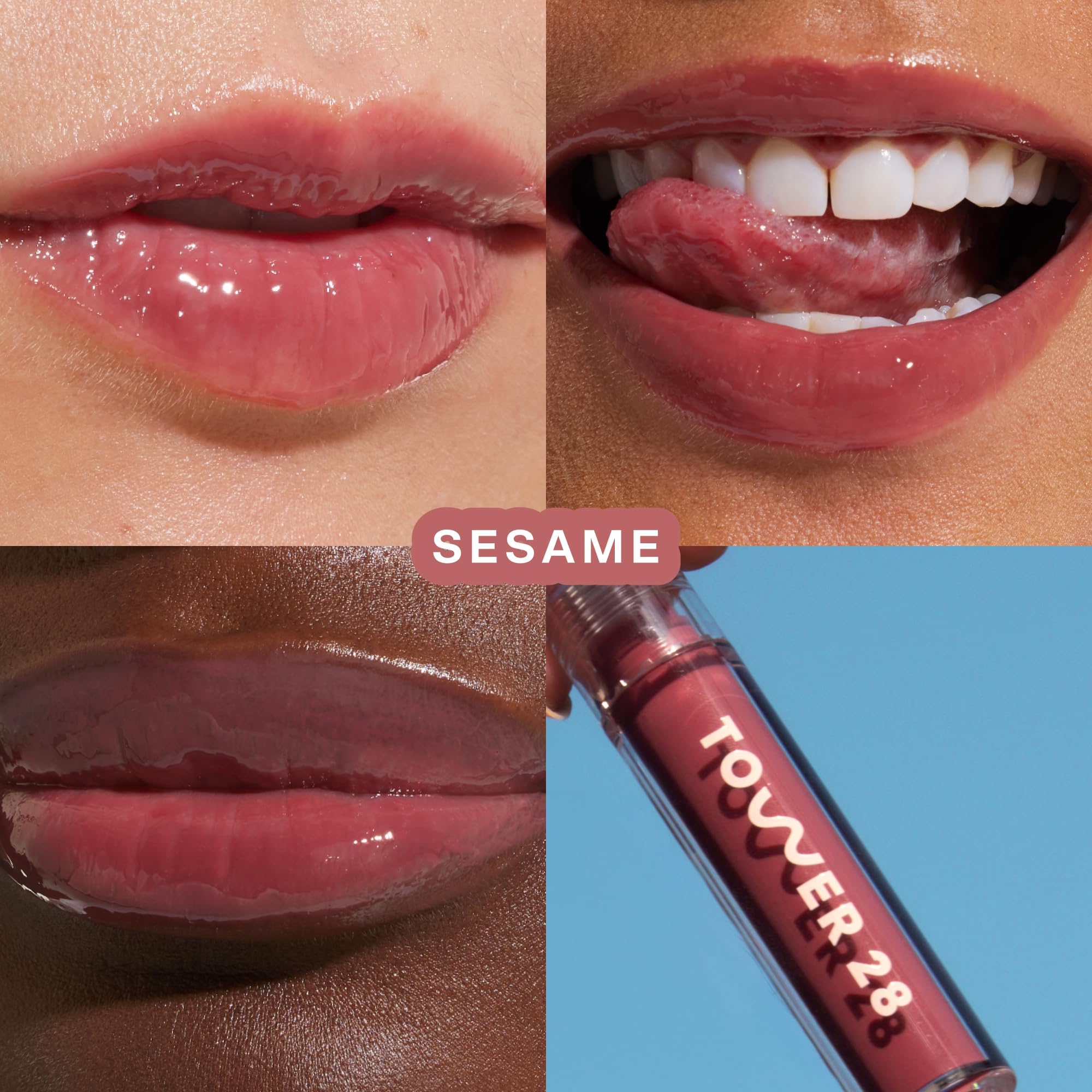 Tower 28 ShineOn Milky Lip Jelly Sesame applicator swirl shows balm-like finish.
