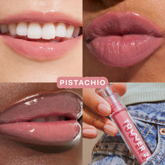 Tower 28 ShineOn Milky Lip Jelly texture close-up shows non-sticky shine and smoothness.