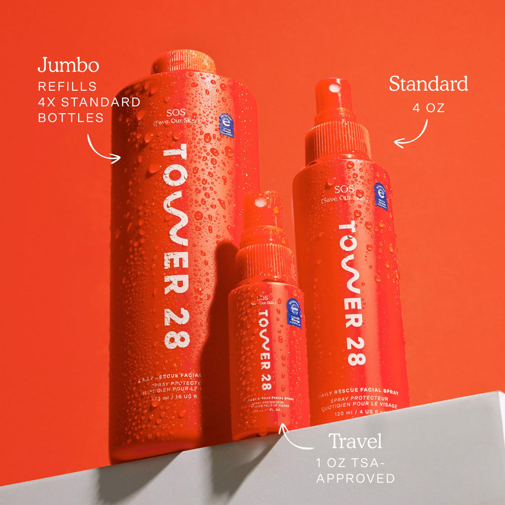 Tower 28 SOS after-workout use image illustrates quick refreshment and calm skin.