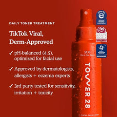 Tower 28 SOS bottle closeup highlights pH-balanced, gentle daily skincare.