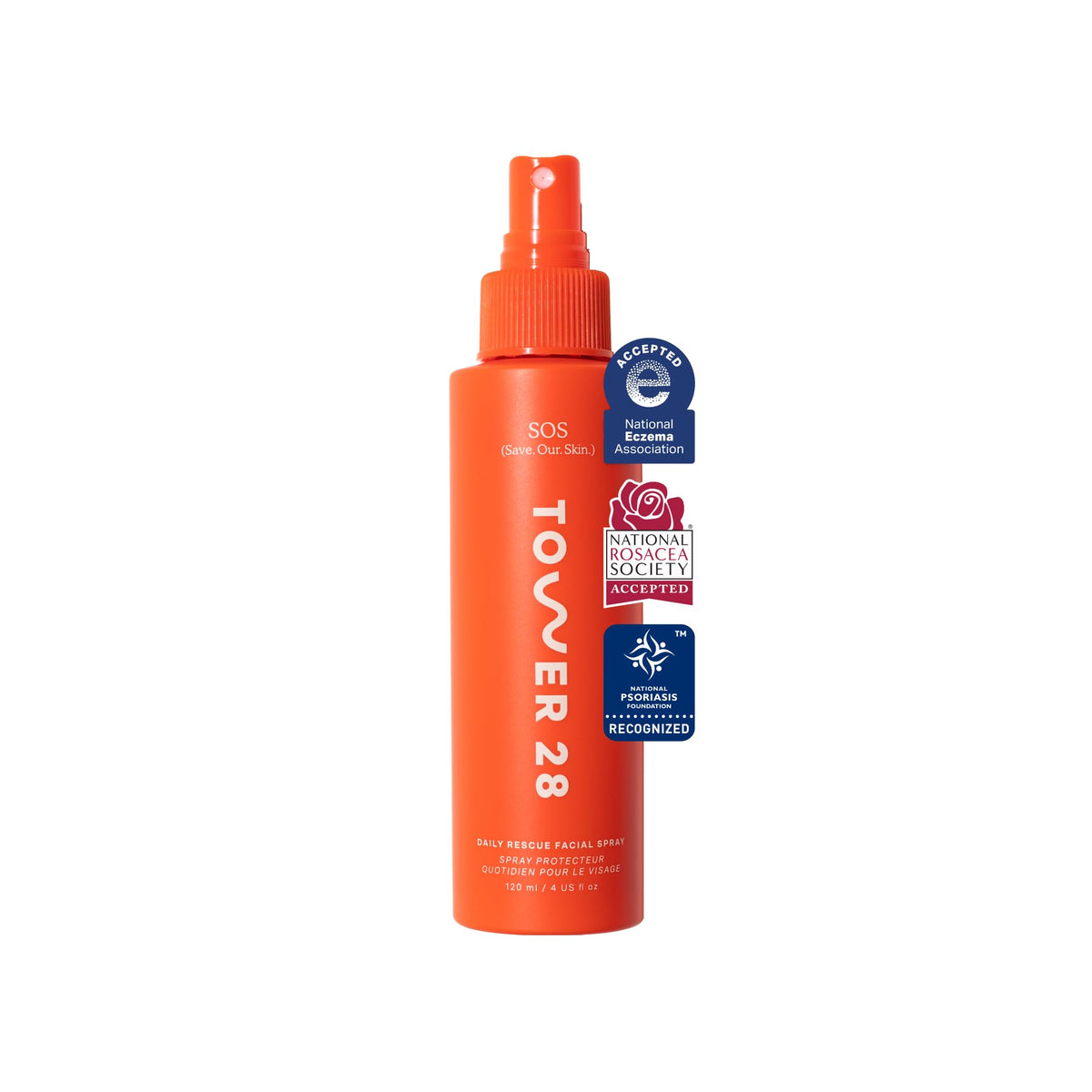 Tower 28 SOS spray bottle front view for sensitive skin relief.