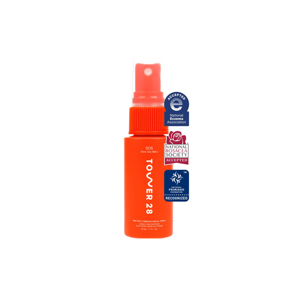 Tower 28 SOS daily rescue facial spray bottle ready for travel-friendly use.