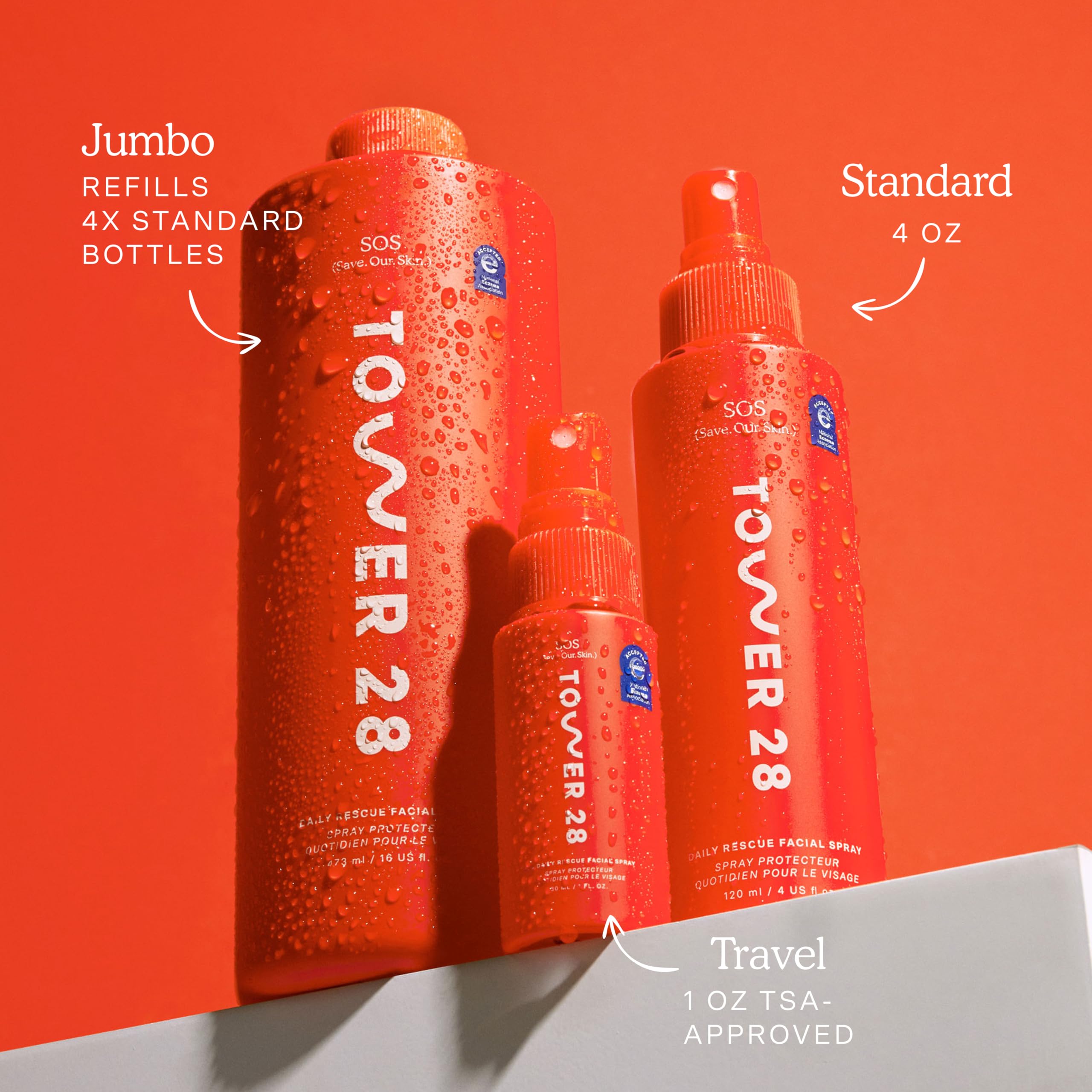 Tower 28 SOS daily rescue fragrance-free label visible for sensitive skin users.