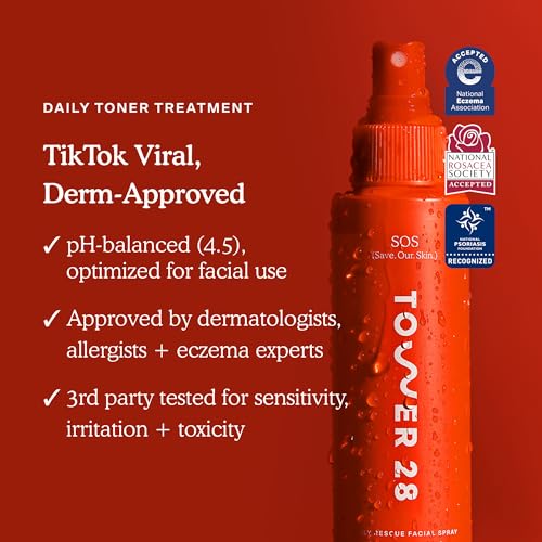 Tower 28 SOS daily rescue skin close-up highlighting a gentle, fragrance-free mist.