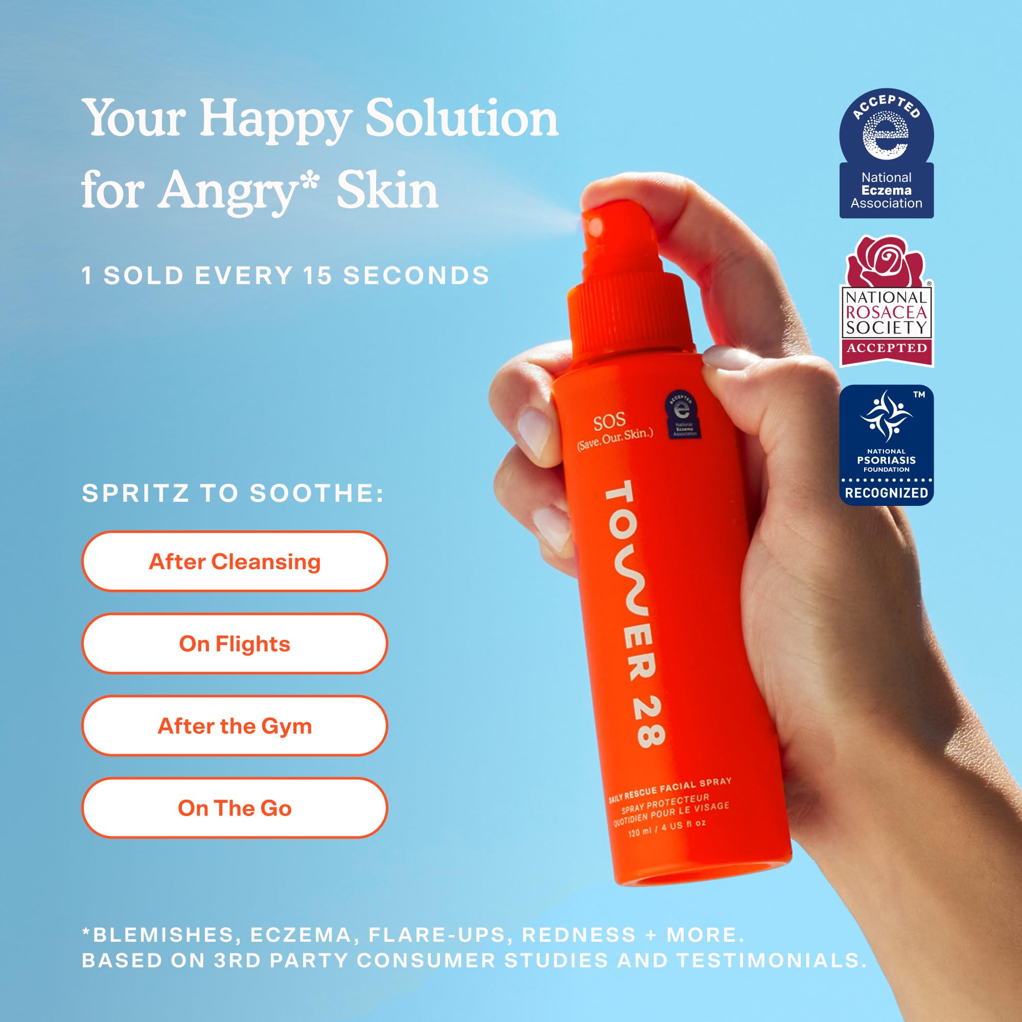 Tower 28 SOS daily rescue travel-size packaging designed for gym bags.