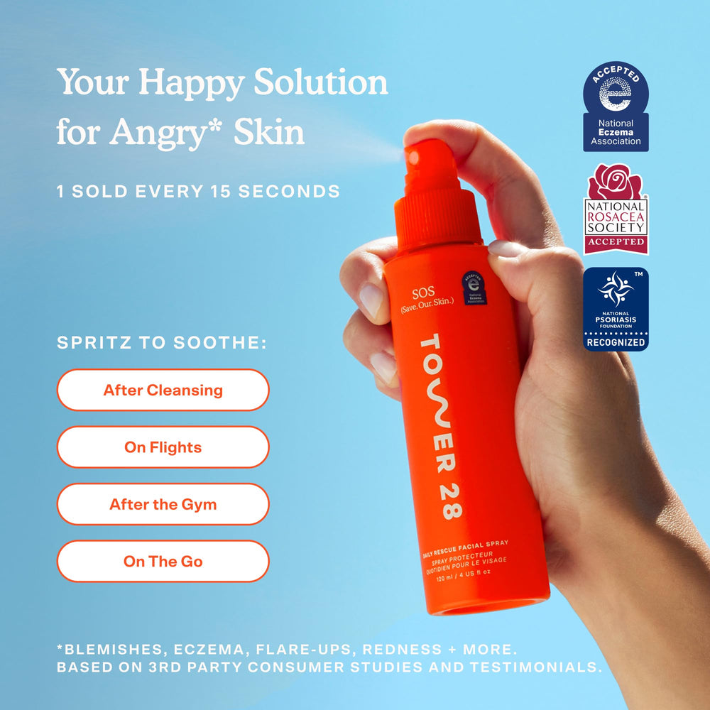 Tower 28 SOS daily rescue travel-size packaging designed for gym bags.