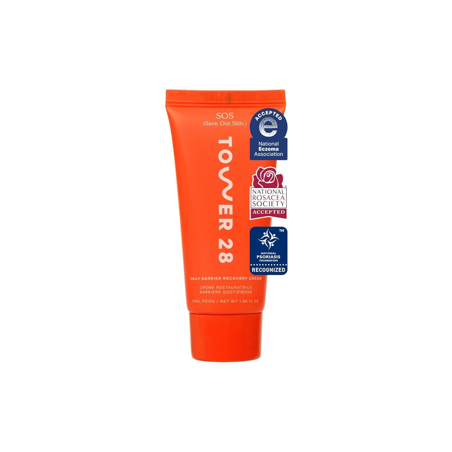 Tower 28 SOS daily skin barrier cream jar for barrier support and hydration.