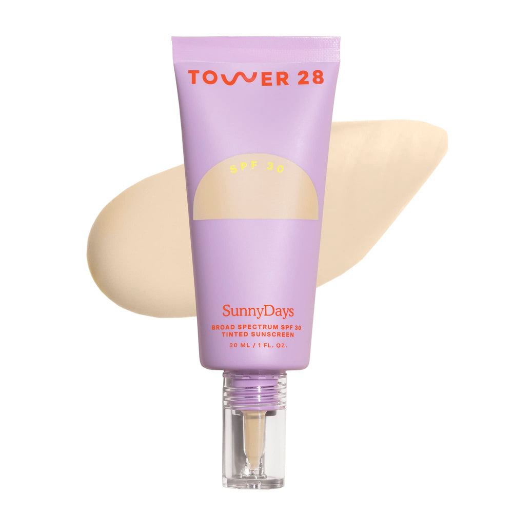 Tower 28 SunnyDays SPF 30 bottle pump highlights easy, non-greasy sunscreen protection.