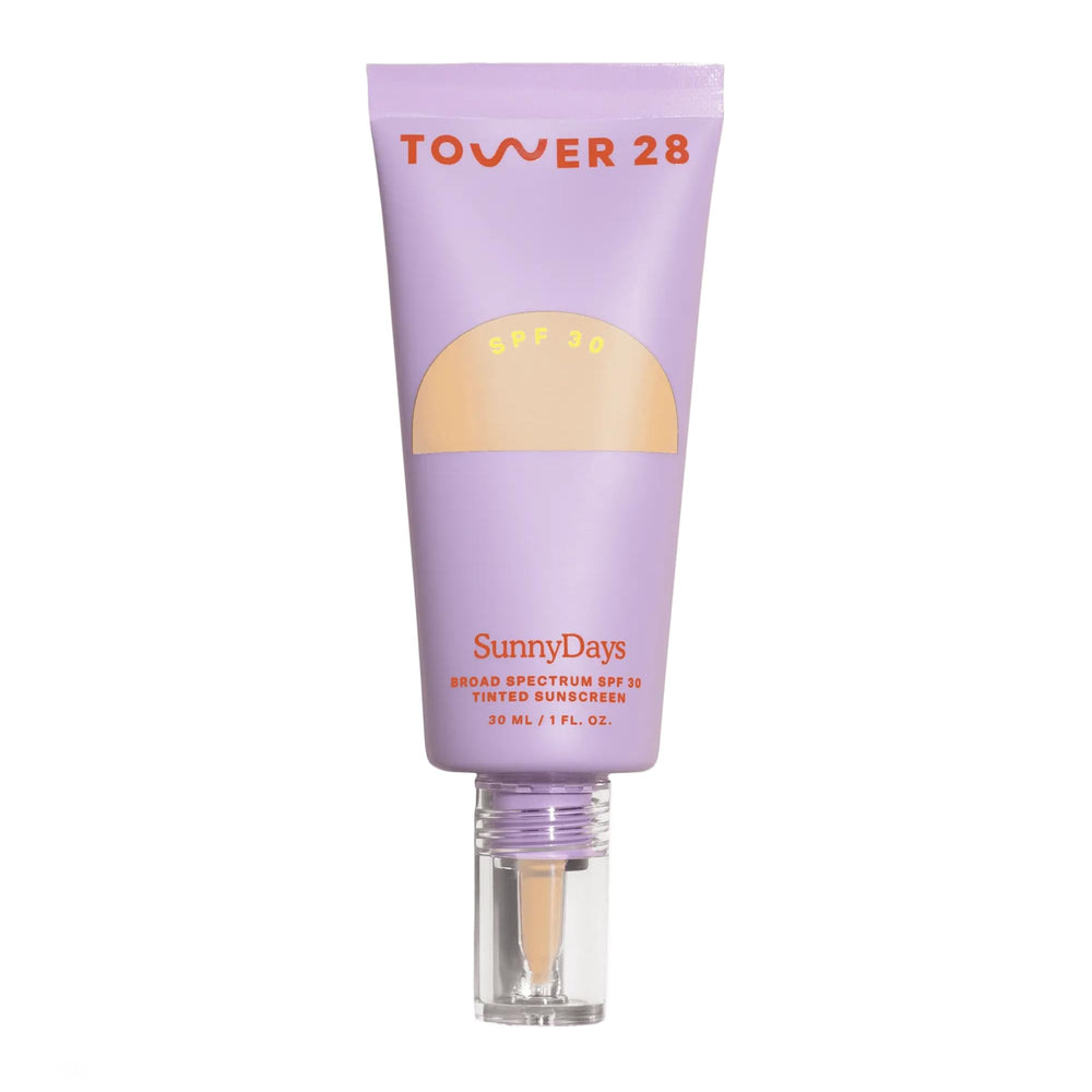 Tower 28 SunnyDays SPF 30 tinted foundation in 18 Montana swatch delivers natural, even-toned skin.