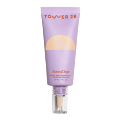 Tower 28 SunnyDays tinted sunscreen bottle provides skin-like coverage and sun protection.