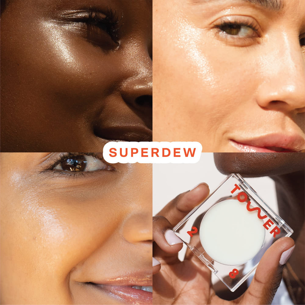 Tower 28 SuperDew Balm swatch on cheek highlighting natural radiance.