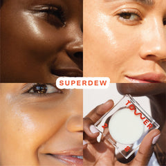Tower 28 SuperDew Balm swatch on cheek highlighting natural radiance.