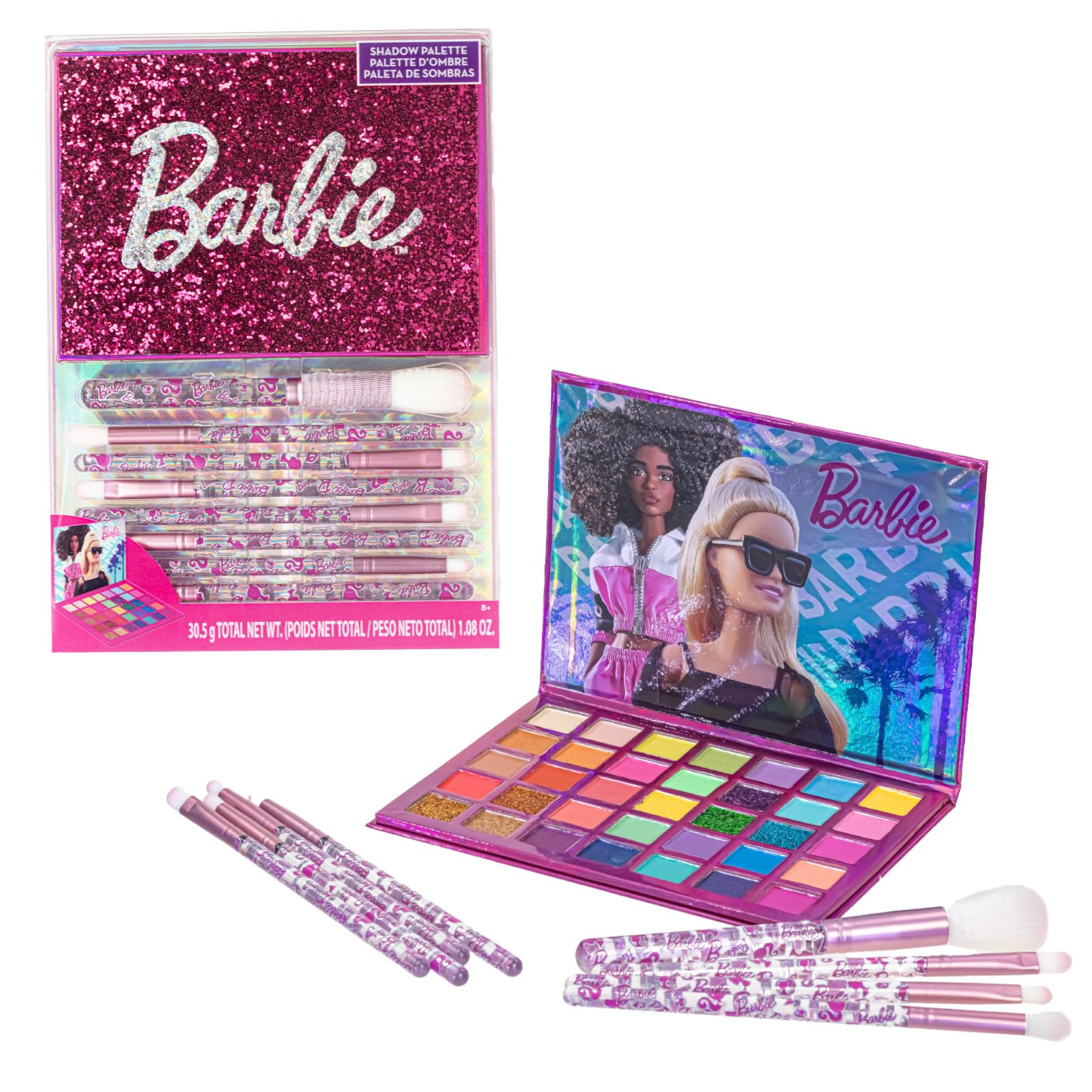 Townley Girl Barbie 35-well palette packaging showcases kid-friendly makeup for birthdays.
