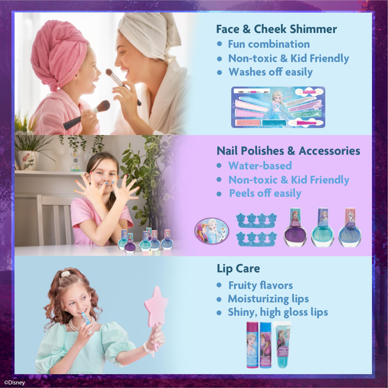 Three Townley Girl brushes for lips, eyes, and cheeks for kid-friendly application.