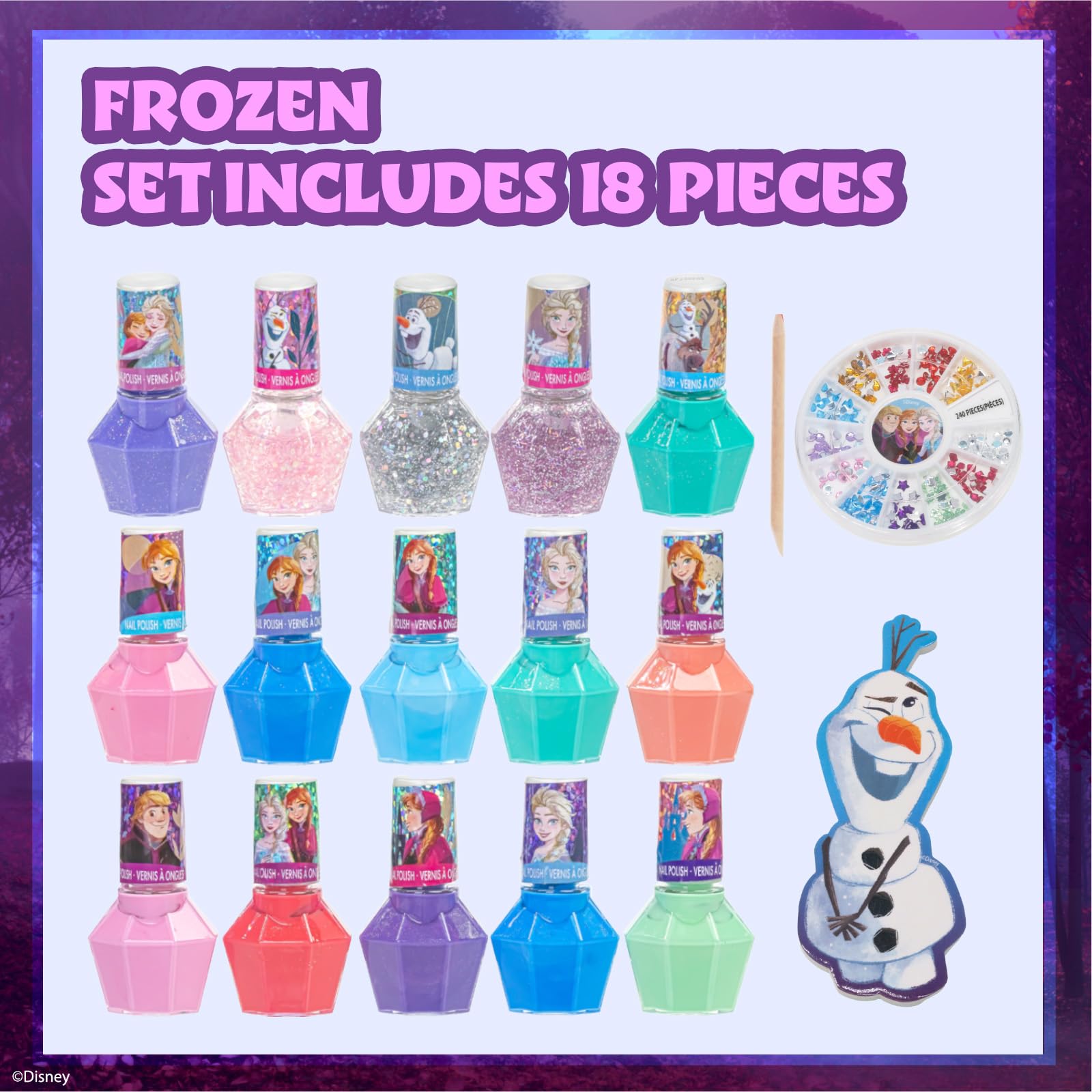 Townley Girl Disney Frozen violet shimmer polish adds subtle sparkle for dress-up nails.