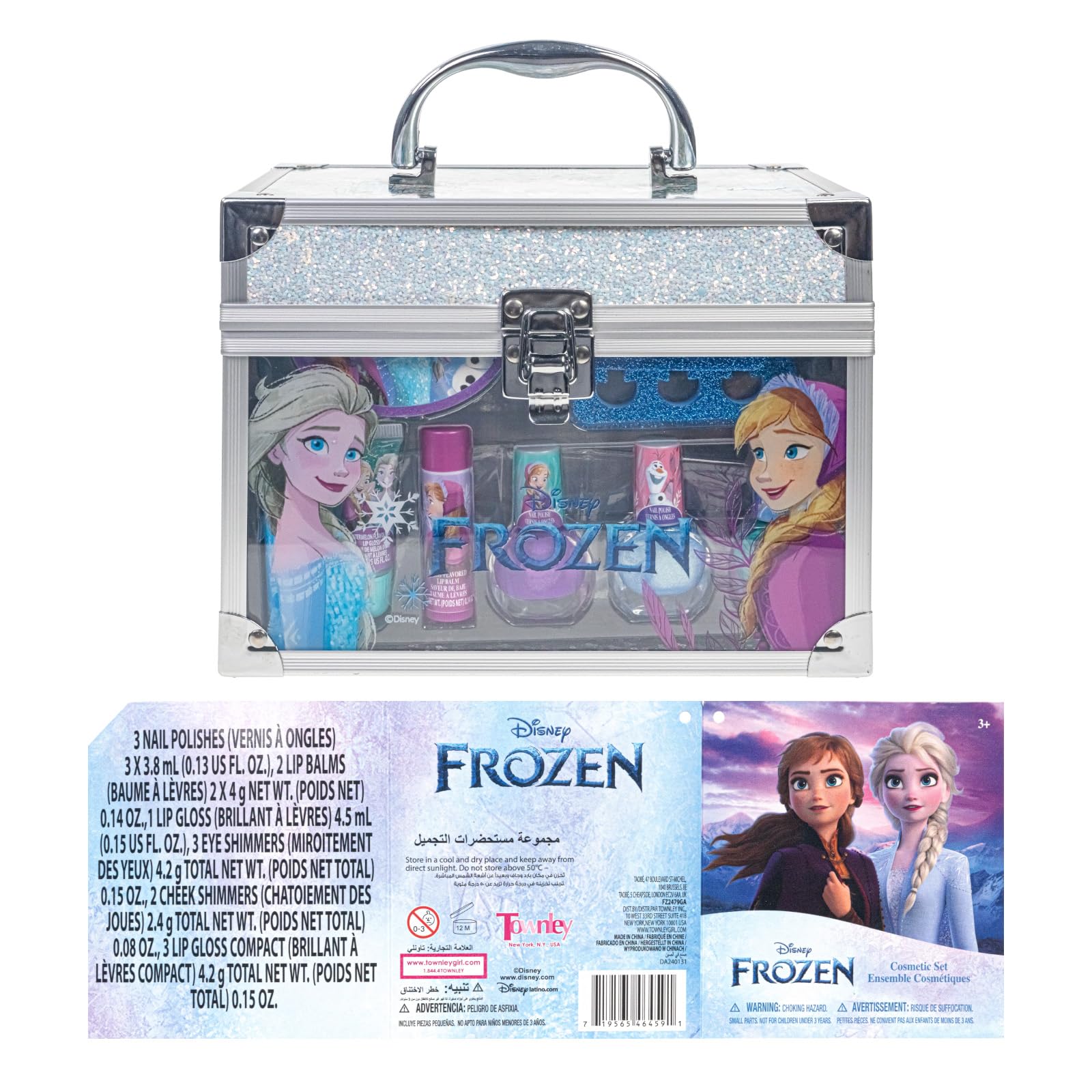 Complete Townley Girl Disney Frozen train case set, ideal for gifts and party favors.