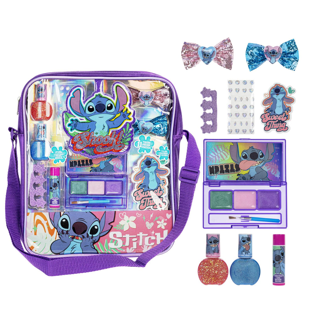 Townley Girl disney lilo-stitch makeup bag shown as portable party-ready accessory