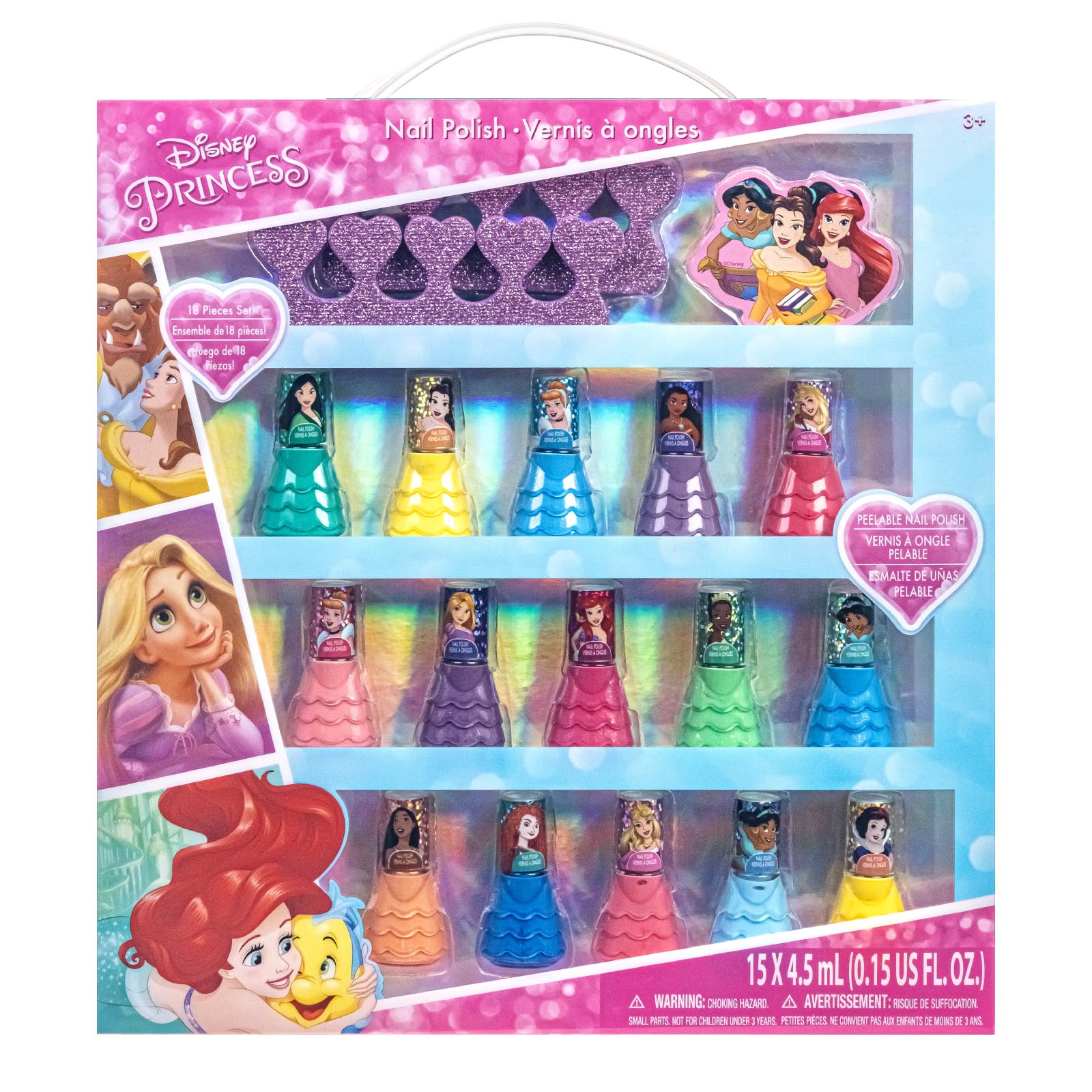 Townley Girl Disney Princess 15-piece nail polish set offers colorful playtime design options.