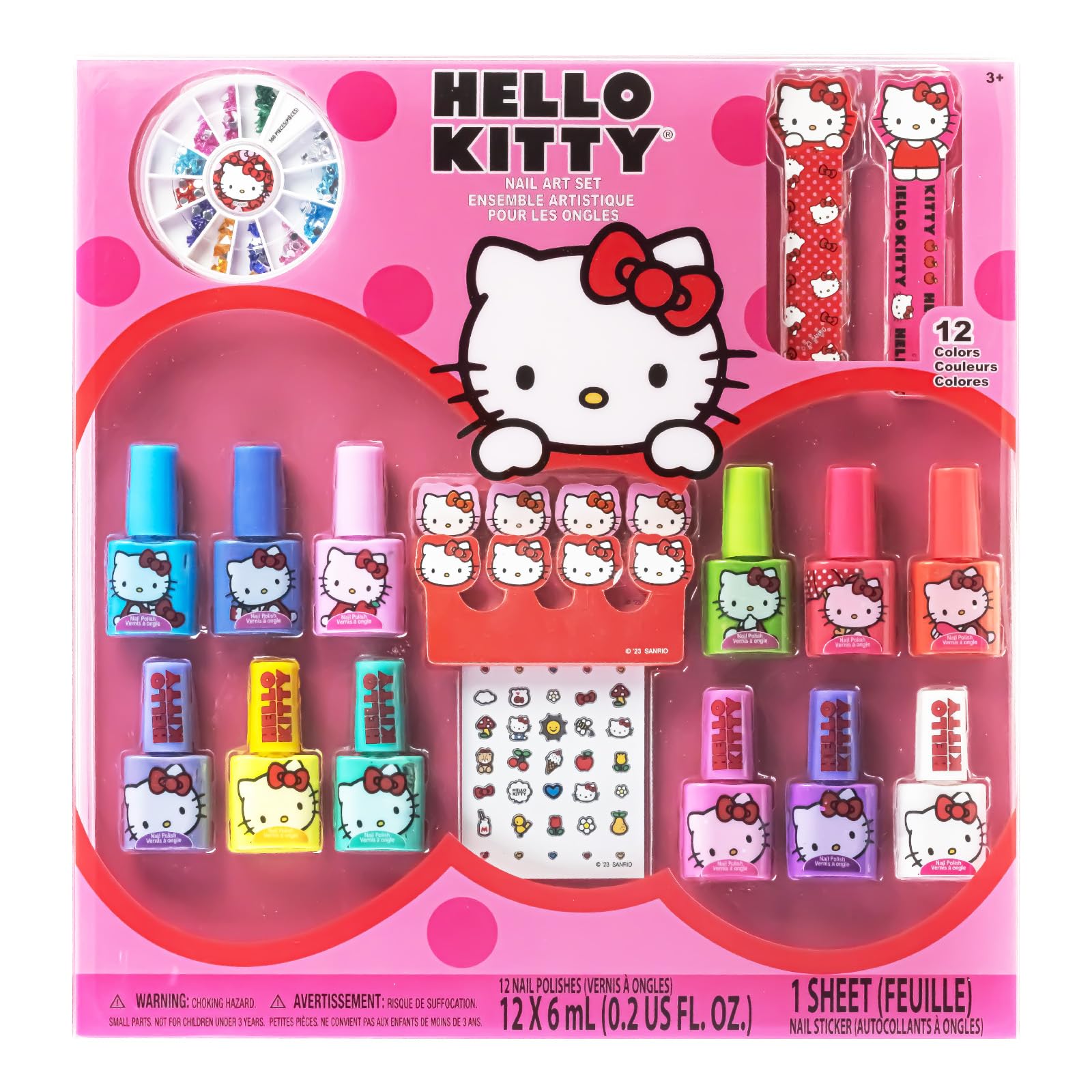 Townley Girl Hello Kitty nail polish set with 12 bubblegum-scented bottles for fun manicures.