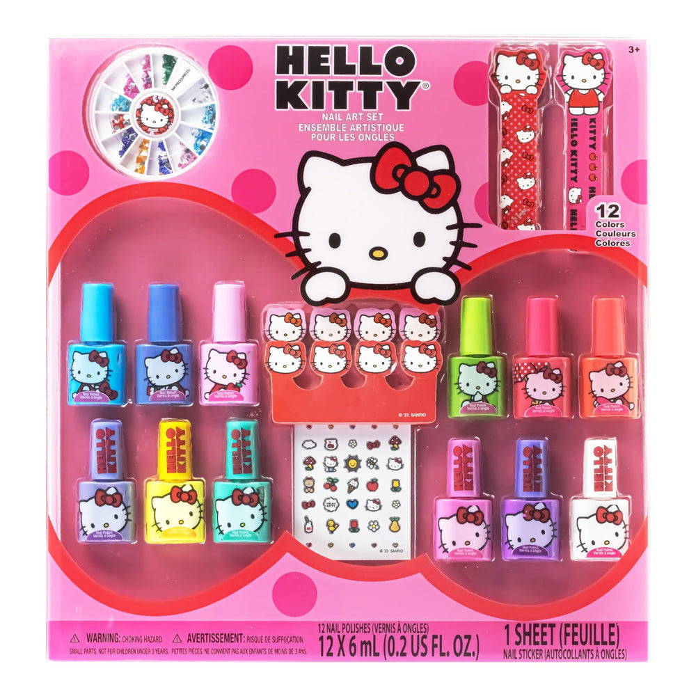 Townley Girl Hello Kitty nail polish set with 12 bubblegum-scented bottles for fun manicures.