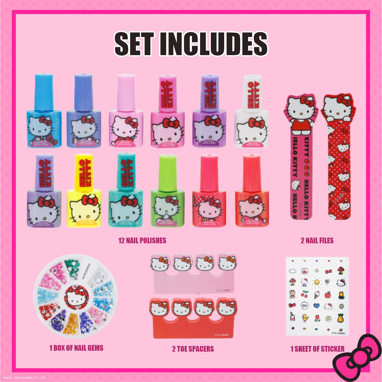 Townley Girl Hello Kitty nail polish set includes a nail gem wheel for dazzling accents.