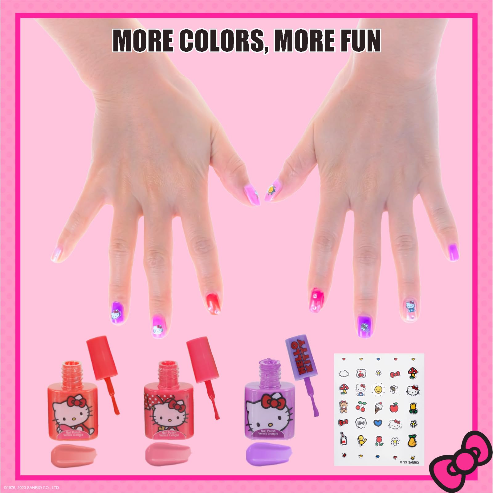 Townley Girl Hello Kitty nail polish set provides a nail sticker sheet for creative nail art.