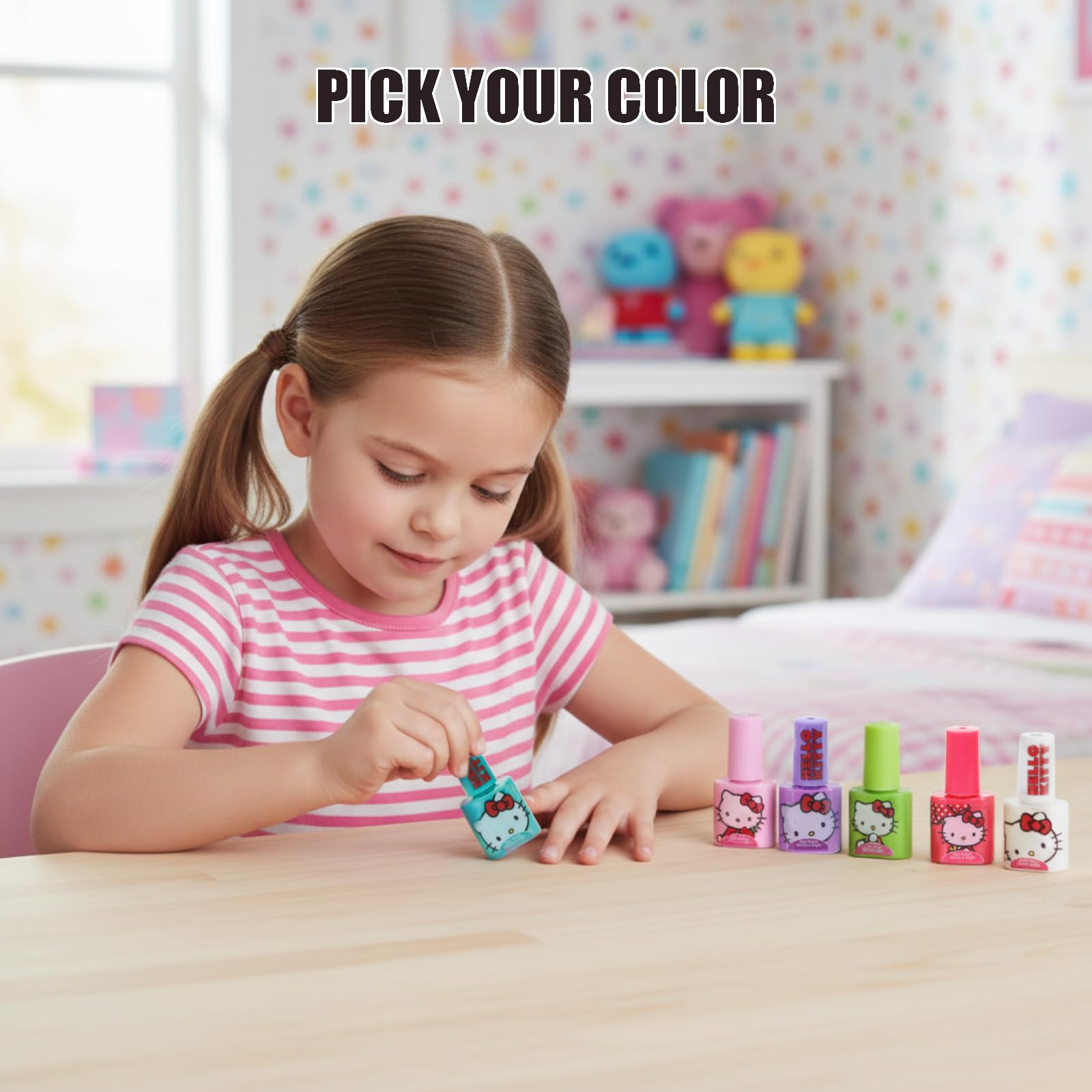 Townley Girl Hello Kitty nail polish set features opaque shades for bold looks.