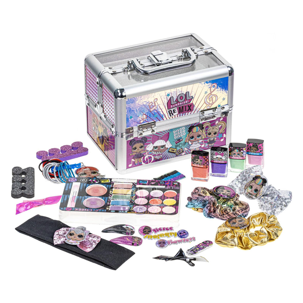 Townley Girl L.O.L. train case shows portable cosmetics for imaginative play and easy organization.