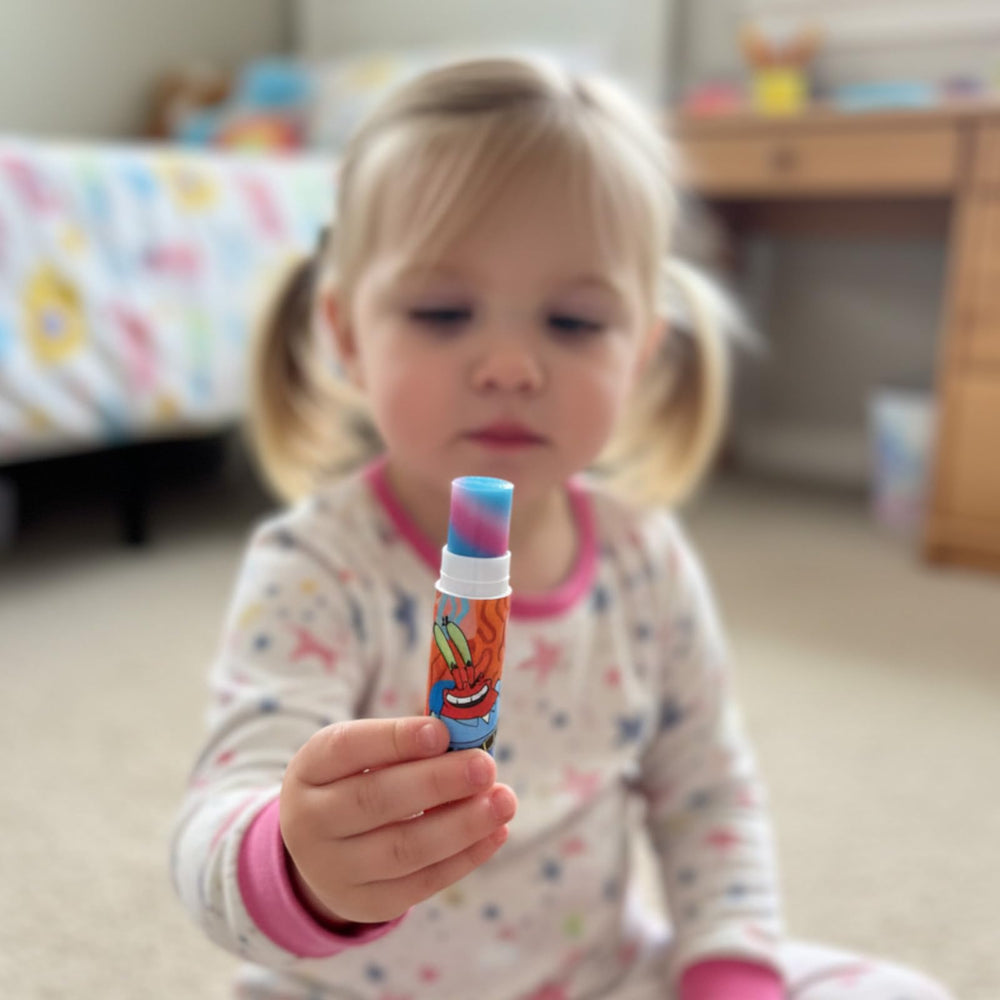 Townley Girl SpongeBob lipbalm on kid-application scene demonstrates easy, kid-friendly use.