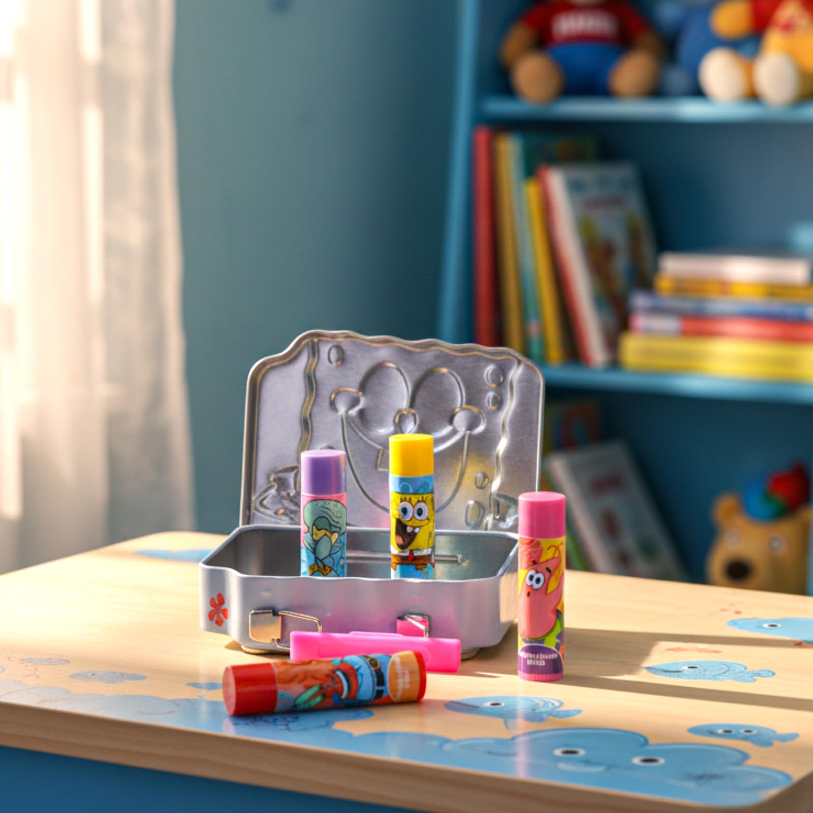 Townley Girl SpongeBob lipbalm packaging image highlights safe, plant-based hydration options.
