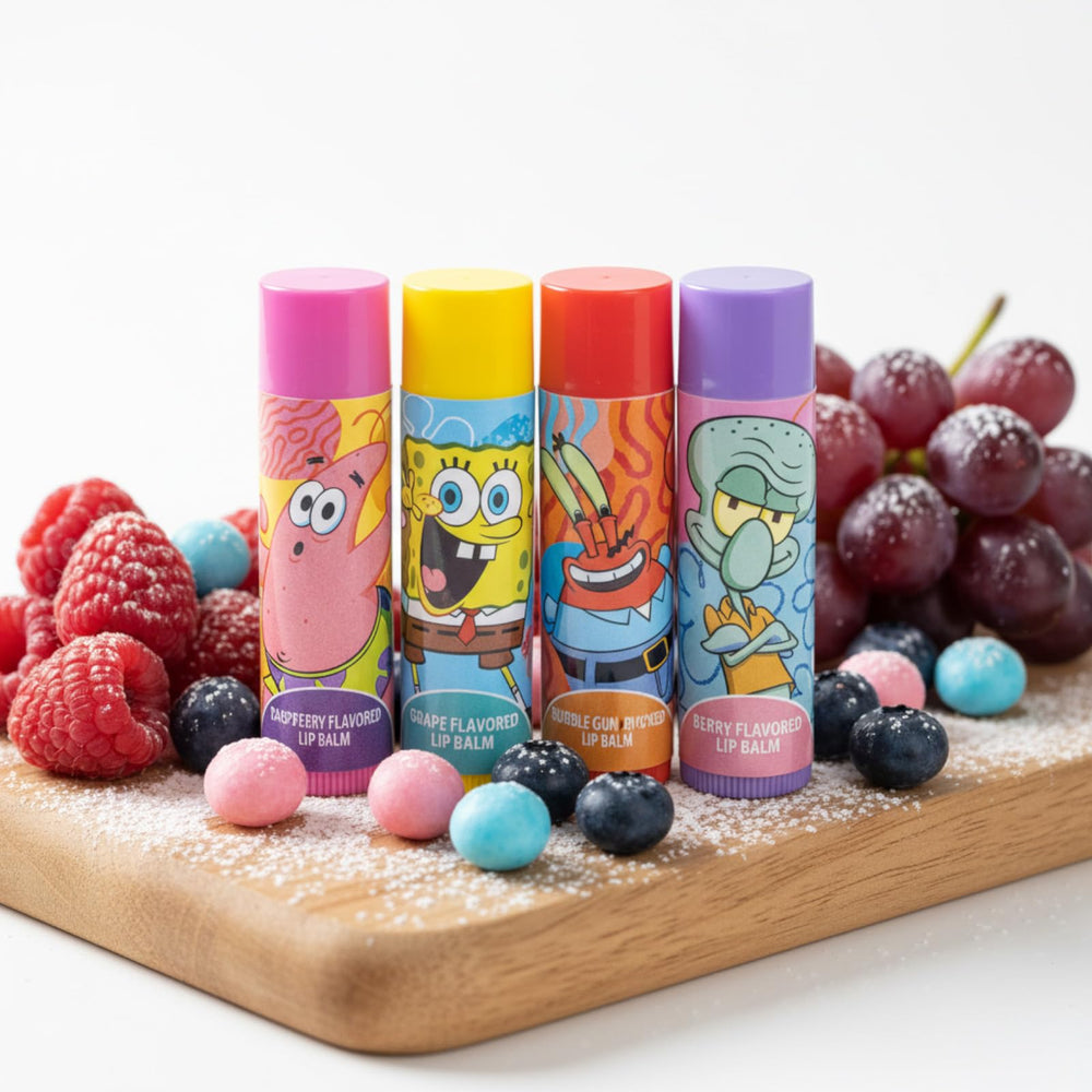 Townley Girl SpongeBob lipbalm tin packaging provides convenient storage and gifting appeal.