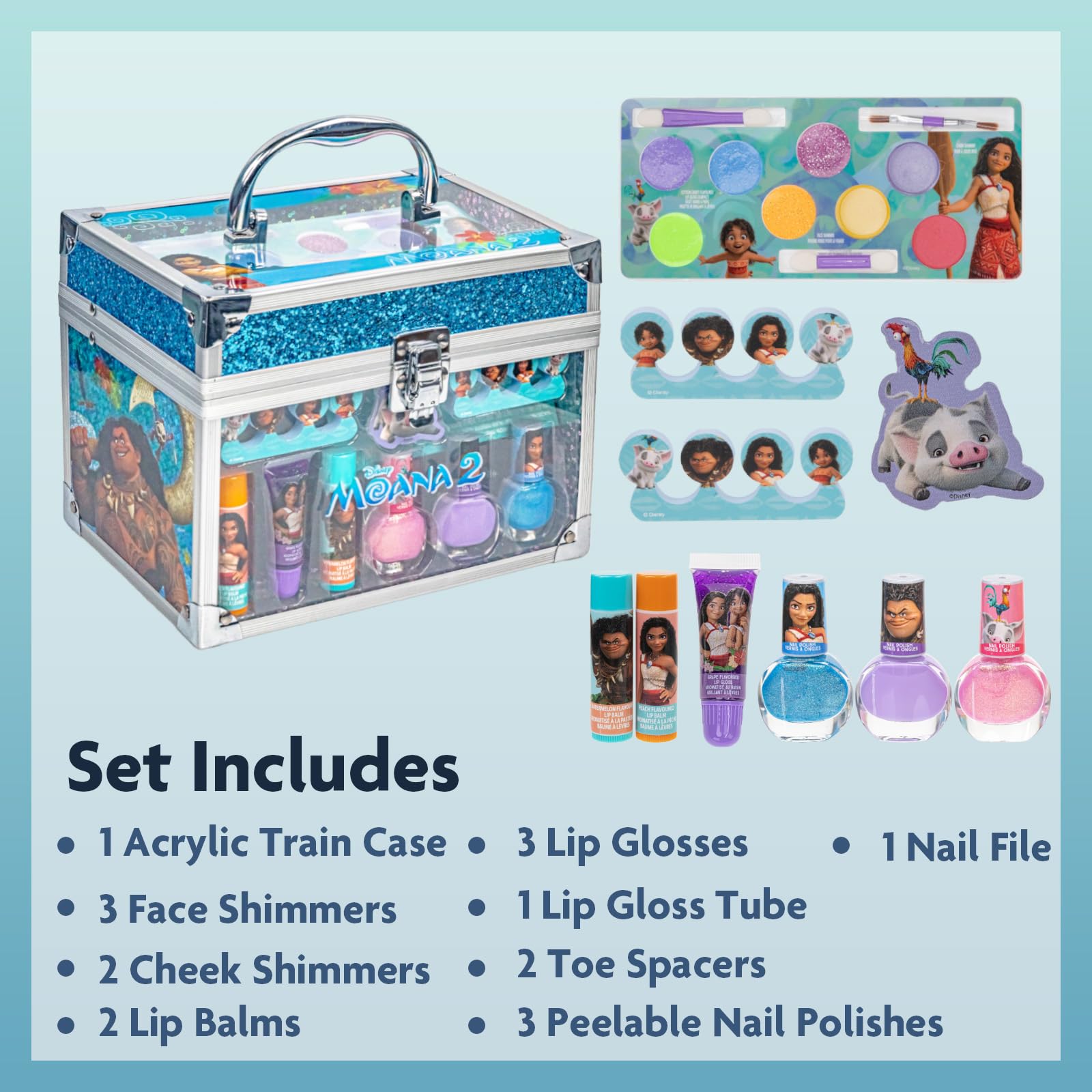 TownleyGirl Moana 2 Train Case open lid shows colorful polishes for creative makeover