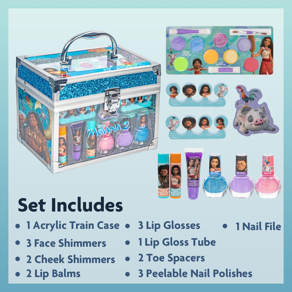 TownleyGirl Moana 2 Train Case open lid shows colorful polishes for creative makeover