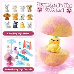 Toylink bath bombs reveal inside cat toys for imaginative bath play.