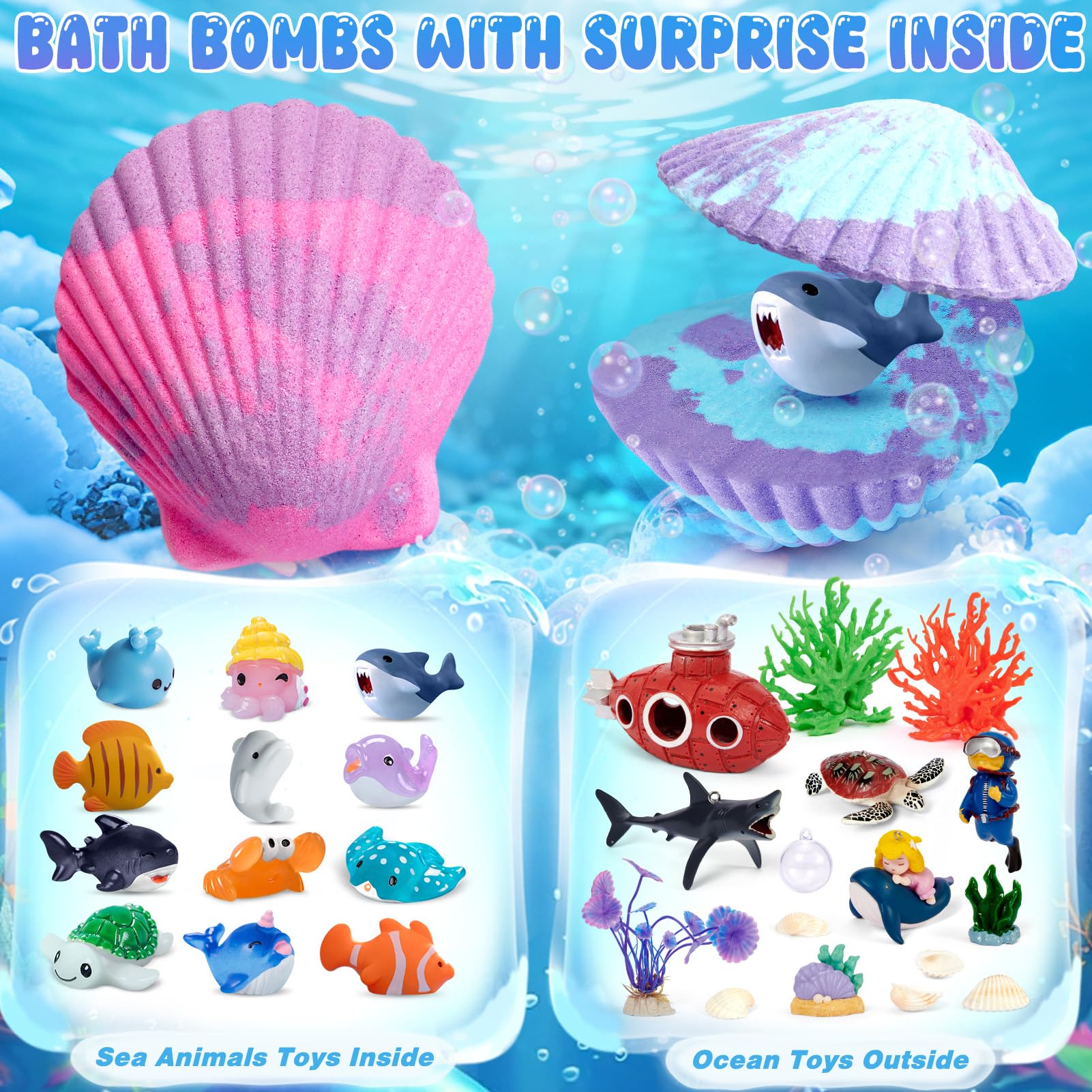 Toylink Ocean Bath Bombs reveal hidden sea animal toy during bath.