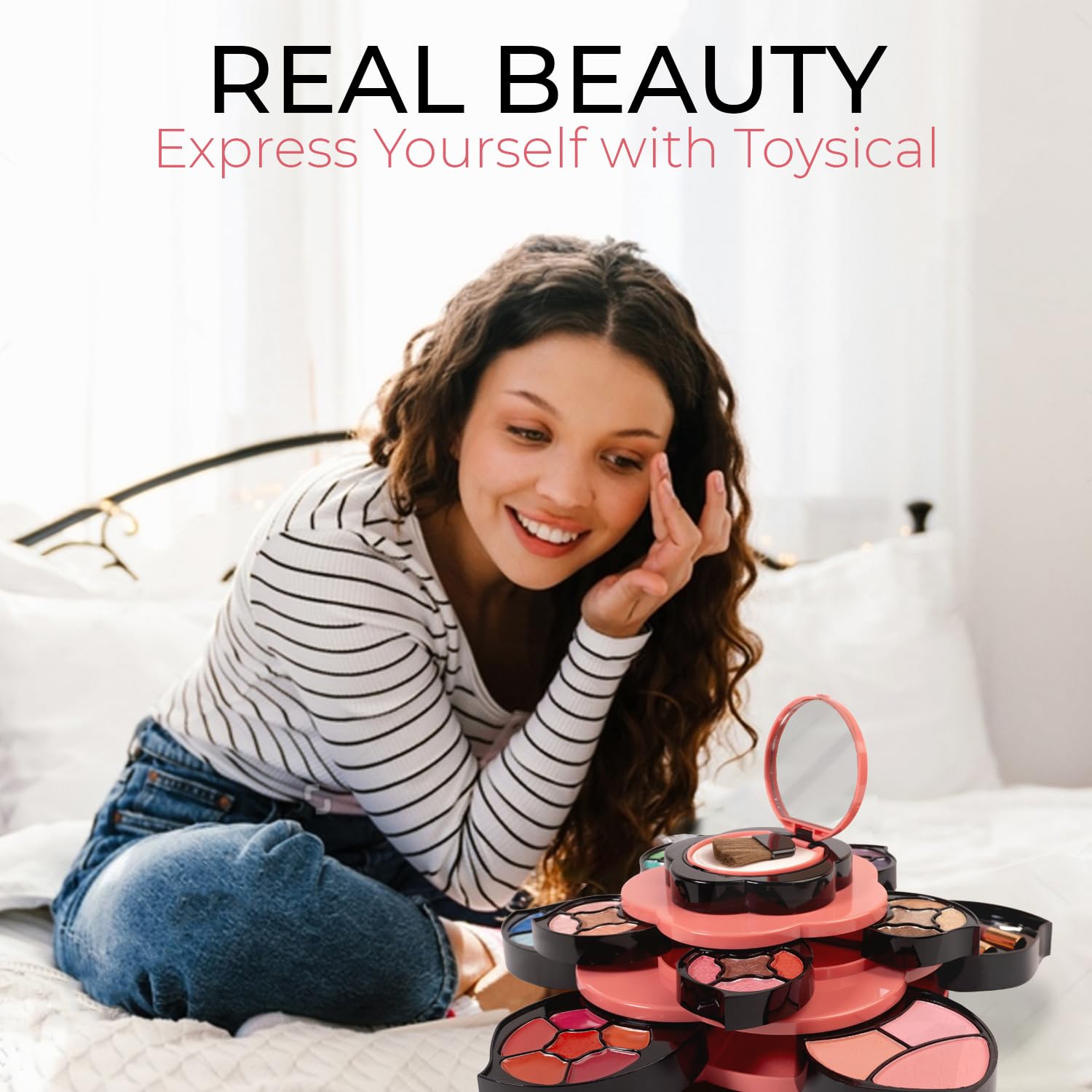 Toysical mirror-eye-brush-application image emphasizes beginner-friendly tools for precise makeup.